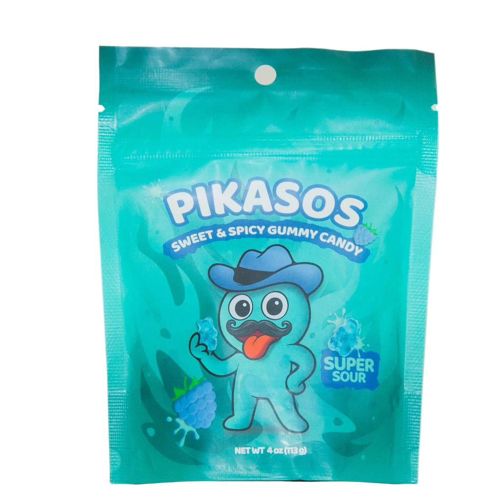 Pikasos sweet & spicy gummy candy packaging on a white background