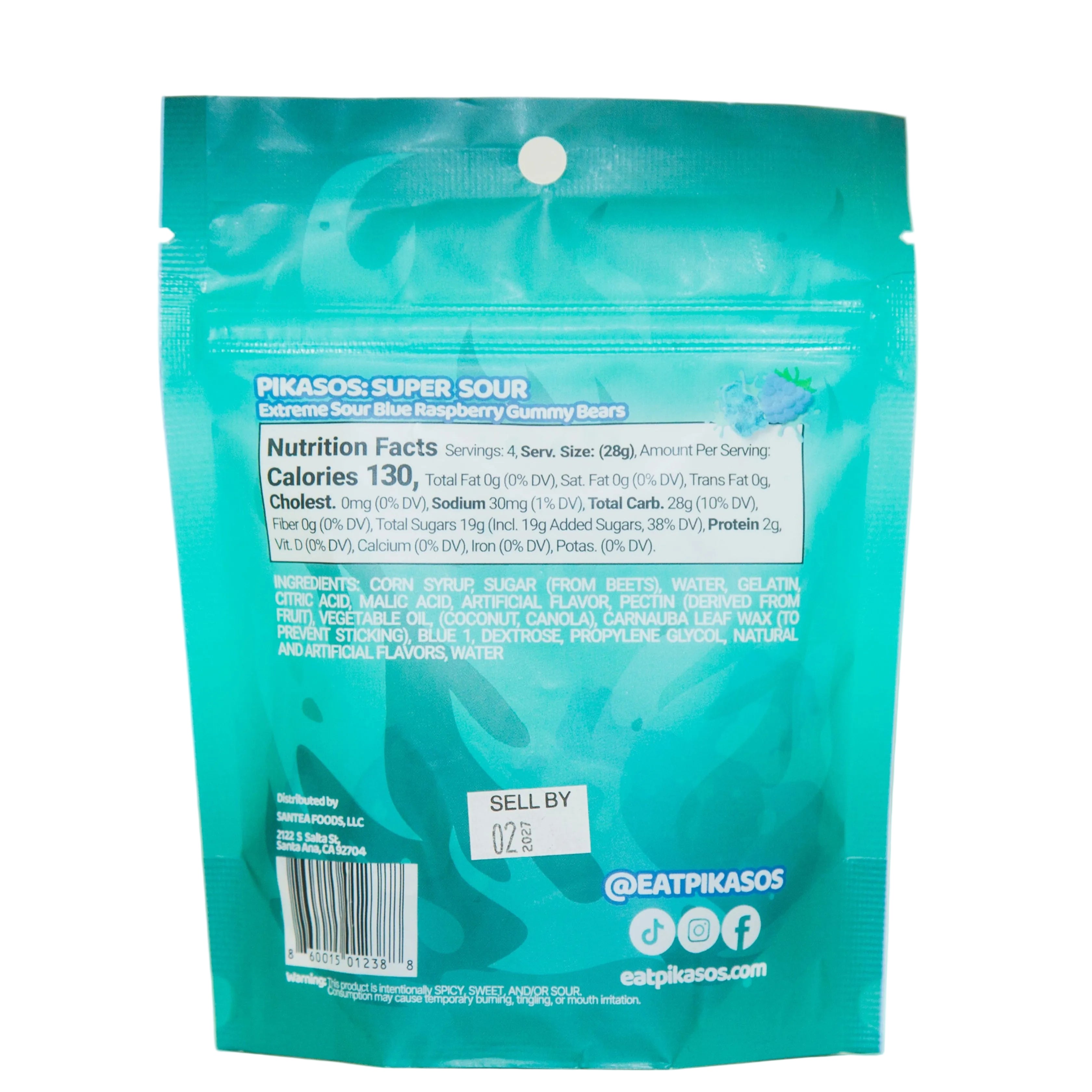 Teal package with nutritional information on a white background